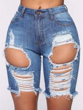 Fashion Nova Blue Distressed High-Rise Jean Shorts